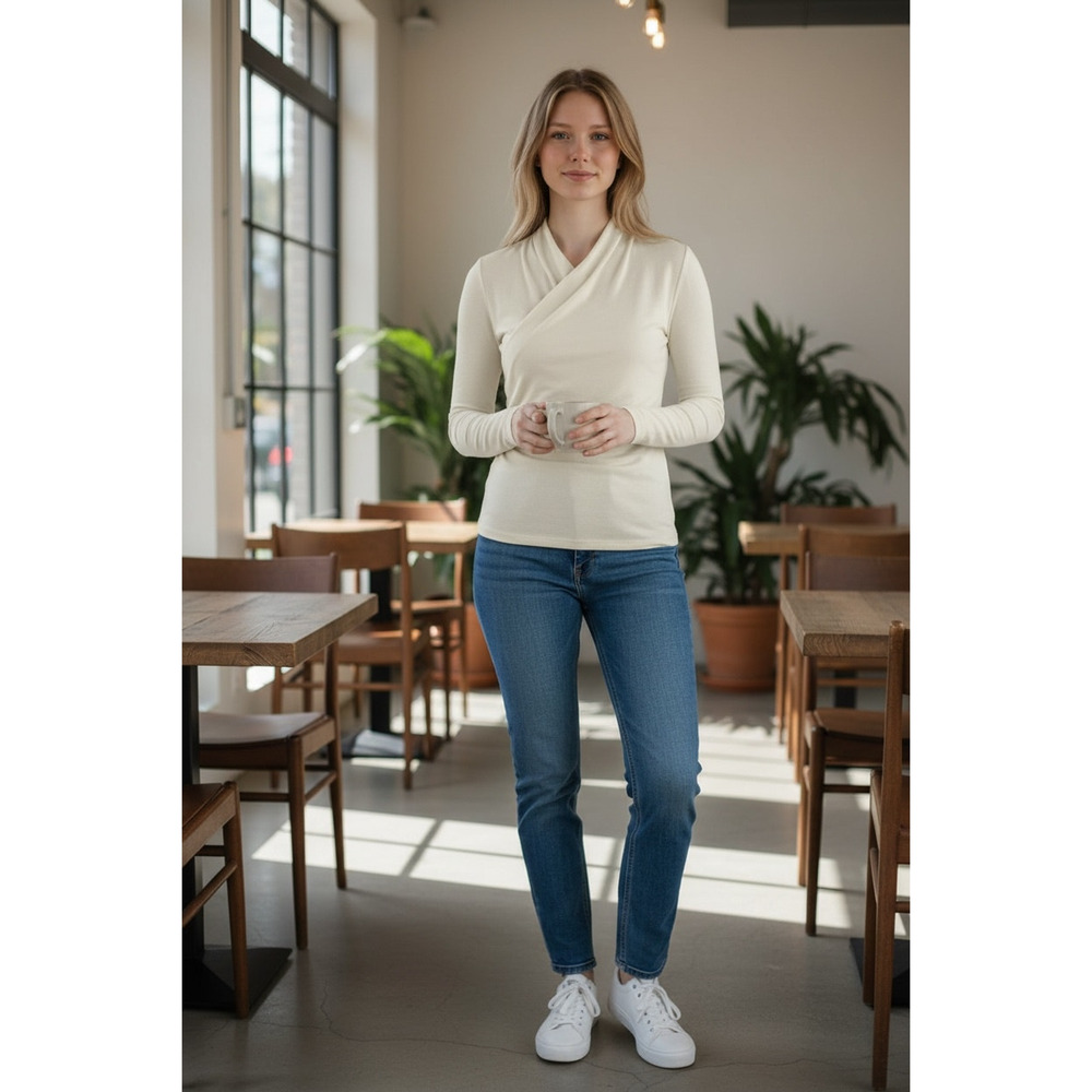 OGL Top Size L NEW Ivory Misty Mist Surplice Long Sleeve Top V Neck Stretch